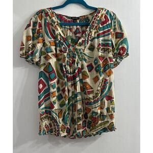 Nine West Short Sleeve Womens Top‎ Large Beige Multicolor Geometric Career